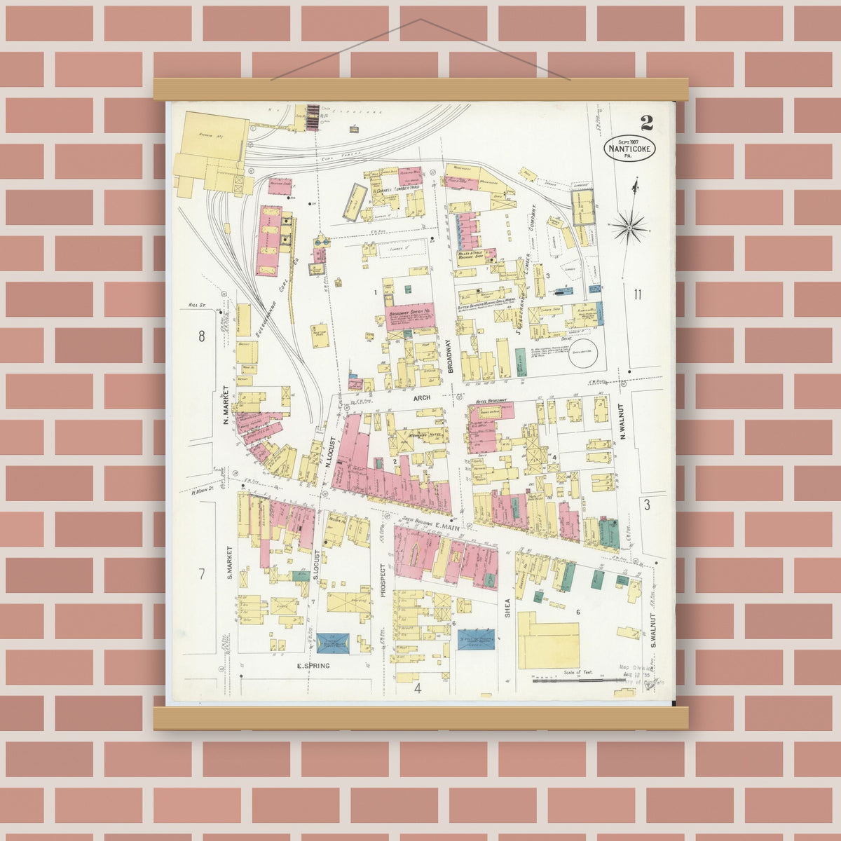 Old map wall art mockup — magnetic wood frame on brick wall — Sanborn Fire Insurance Map from Nanticoke, Luzerne County, Pennsylvania (1907), Sheet #0002