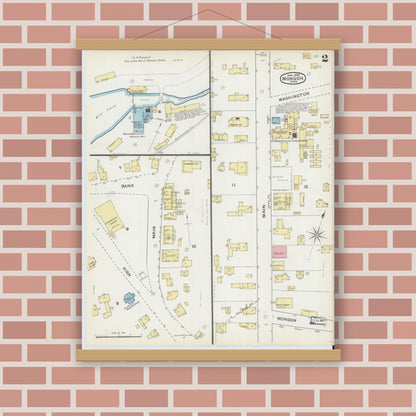Old map wall art mockup — magnetic wood frame on brick wall — Sanborn Fire Insurance Map from Monson, Hampden County, Massachusetts (1892), Sheet #0002