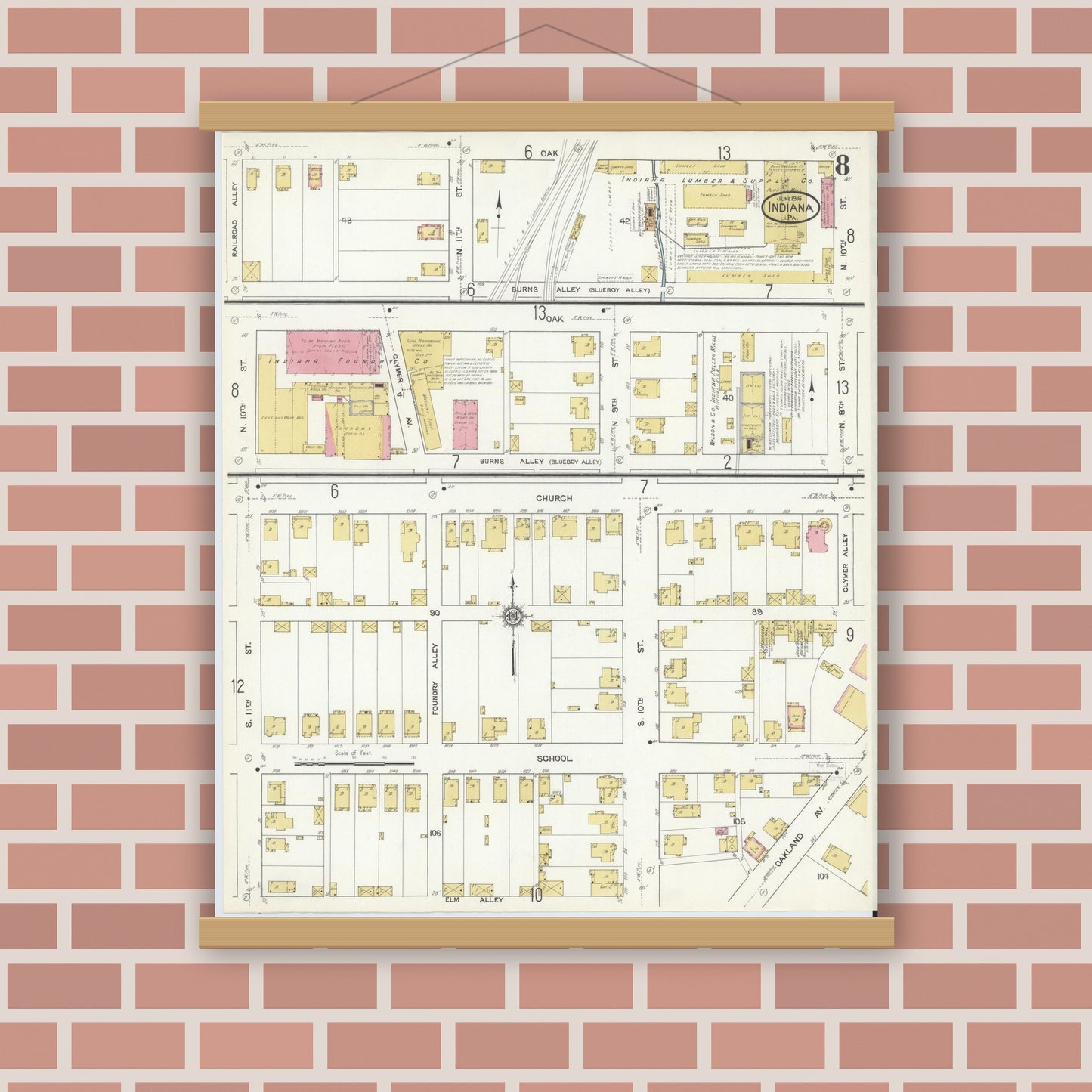 Old map wall art mockup — magnetic wood frame on brick wall — Sanborn Fire Insurance Map from Indiana, Indiana County, Pennsylvania (1916), Sheet #0008