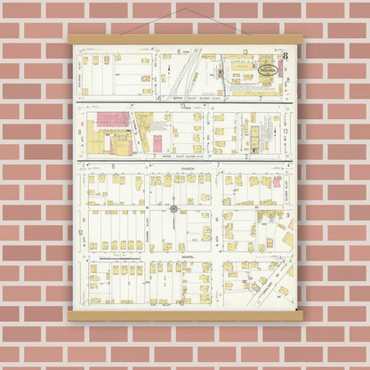 Old map wall art mockup — magnetic wood frame on brick wall — Sanborn Fire Insurance Map from Indiana, Indiana County, Pennsylvania (1916), Sheet #0008