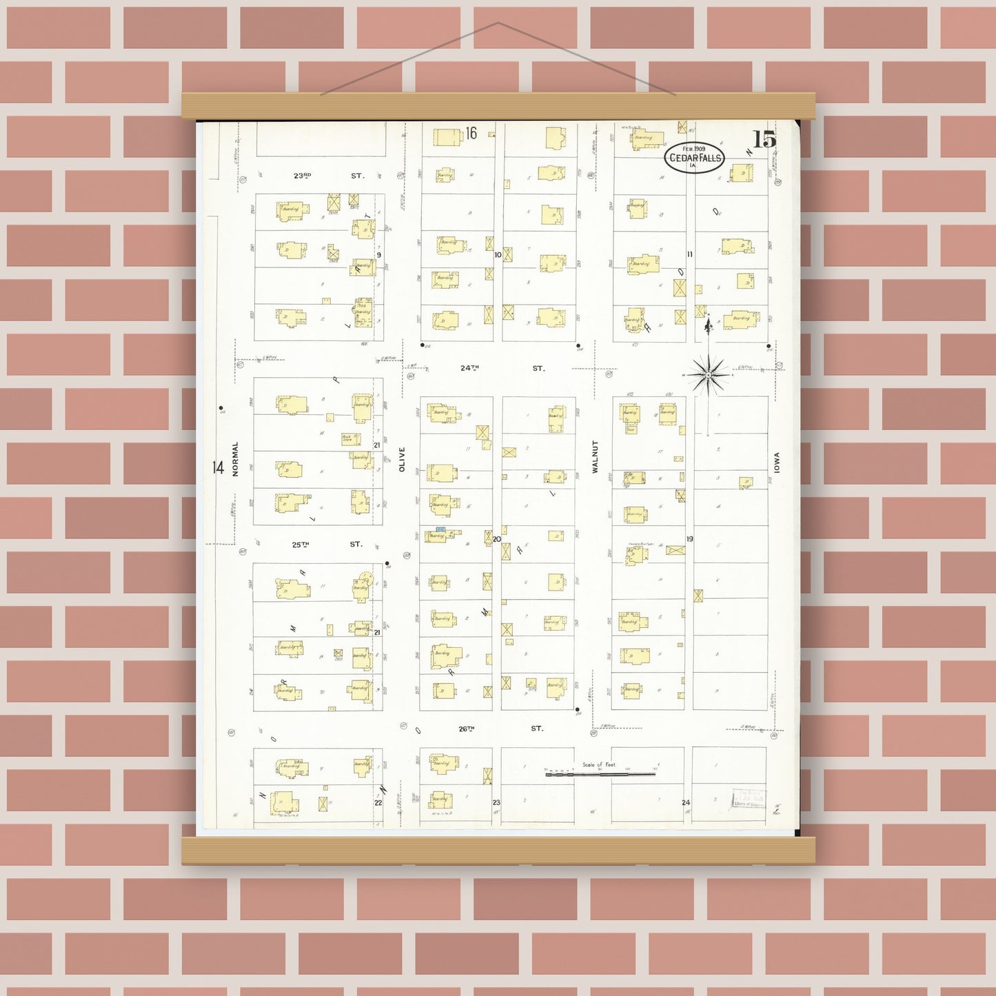 Old map wall art mockup — magnetic wood frame on brick wall — Sanborn Fire Insurance Map from Cedar Falls, Black Hawk County, Iowa (1909), Sheet #0015