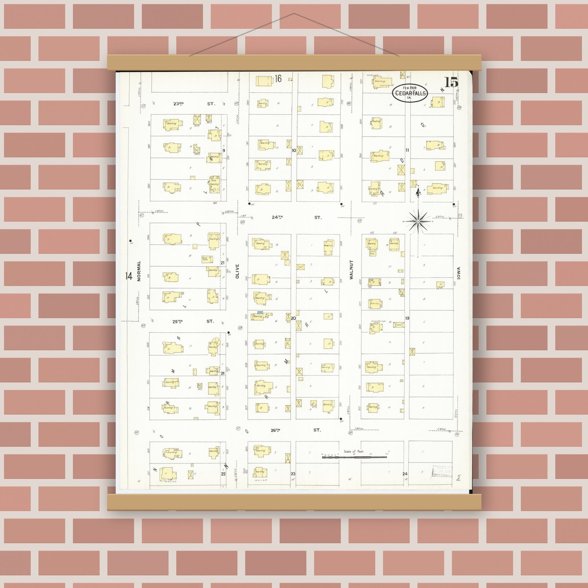 Old map wall art mockup — magnetic wood frame on brick wall — Sanborn Fire Insurance Map from Cedar Falls, Black Hawk County, Iowa (1909), Sheet #0015
