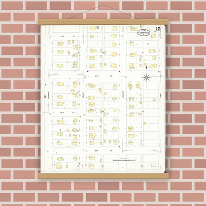 Old map wall art mockup — magnetic wood frame on brick wall — Sanborn Fire Insurance Map from Cedar Falls, Black Hawk County, Iowa (1909), Sheet #0015