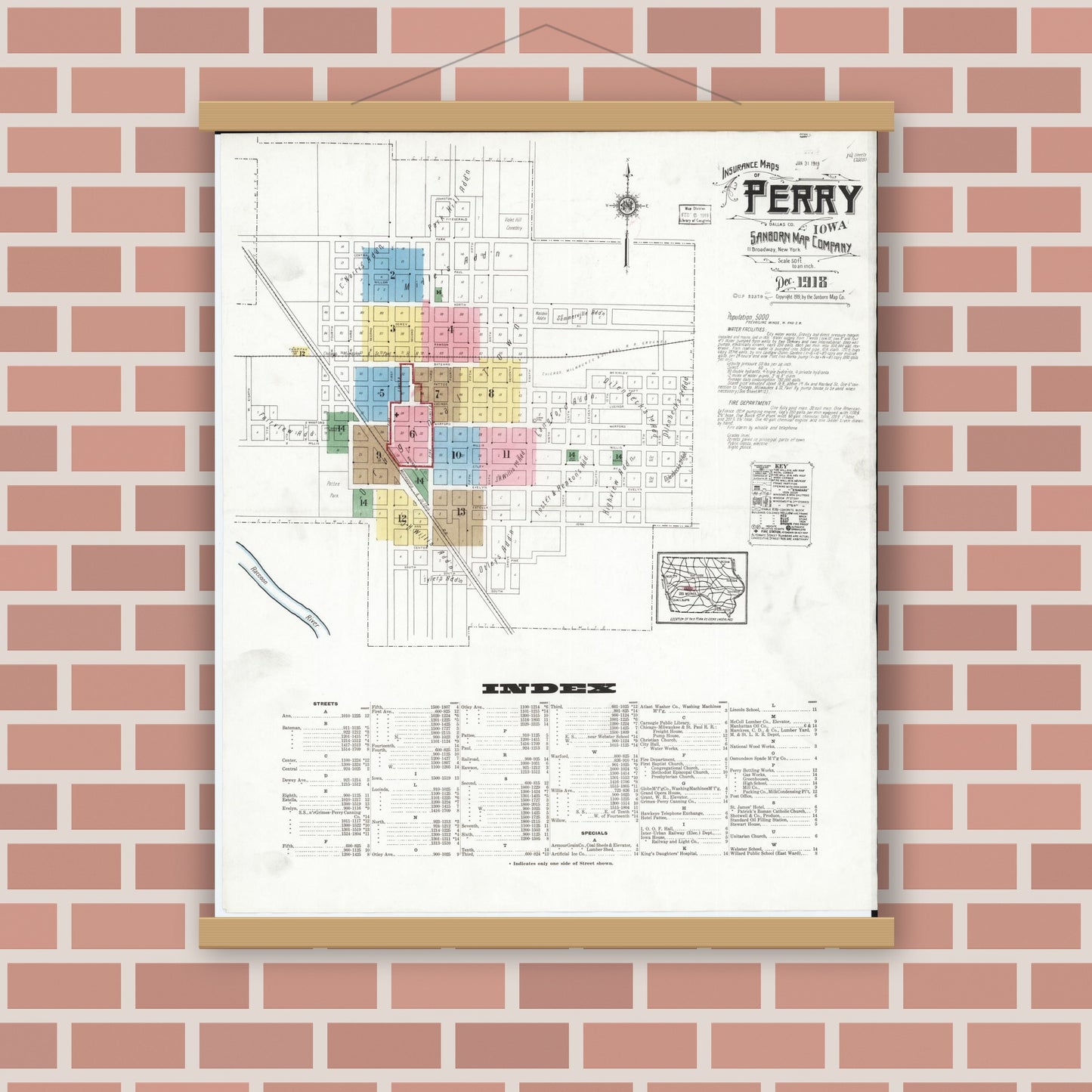 Old map wall art mockup — magnetic wood frame on brick wall — Sanborn Fire Insurance Map from Perry, Dallas County, Iowa (1918) â€” Complete Set