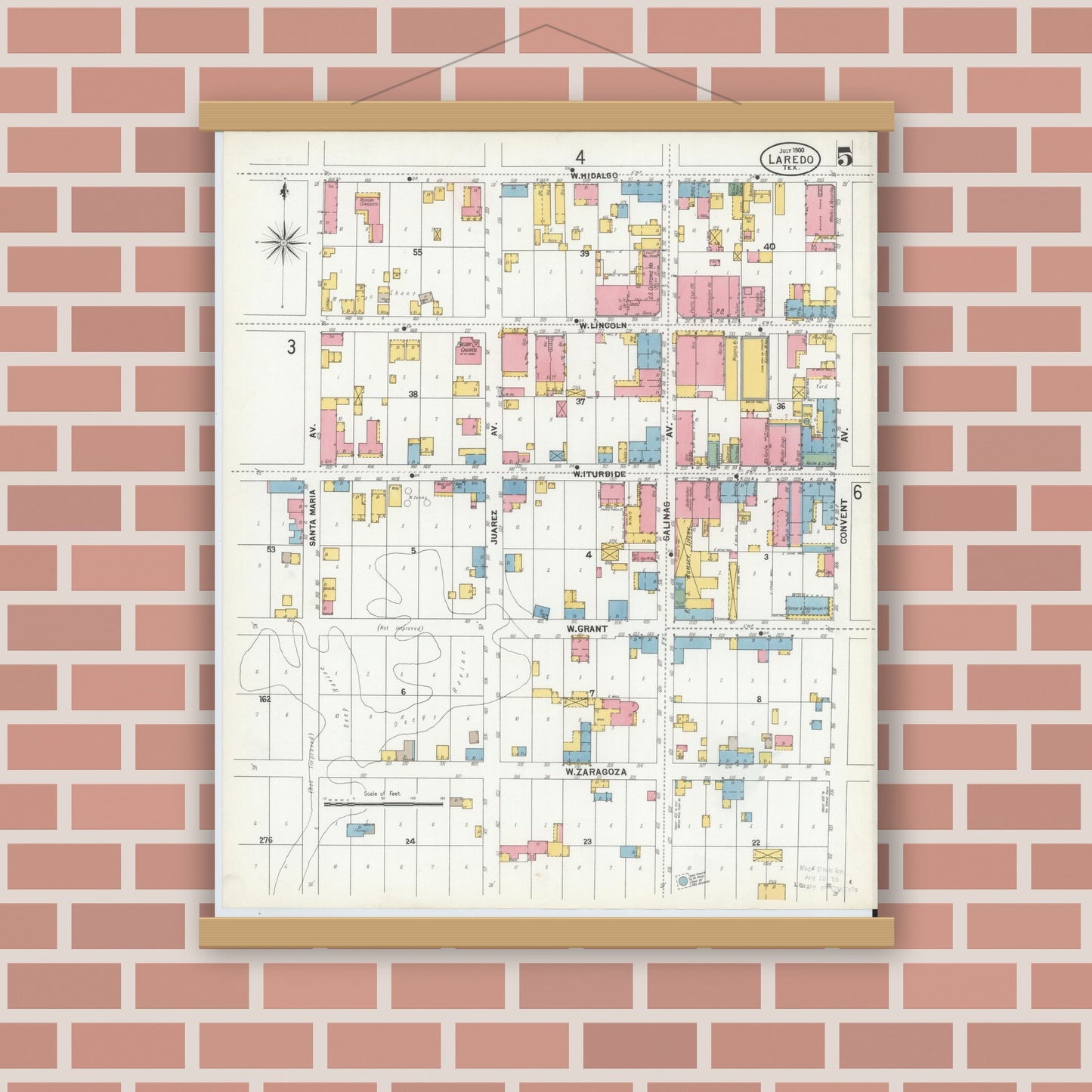 Old map wall art mockup — magnetic wood frame on brick wall — Sanborn Fire Insurance Map from Laredo, Webb County, Texas (1900), Sheet #0005