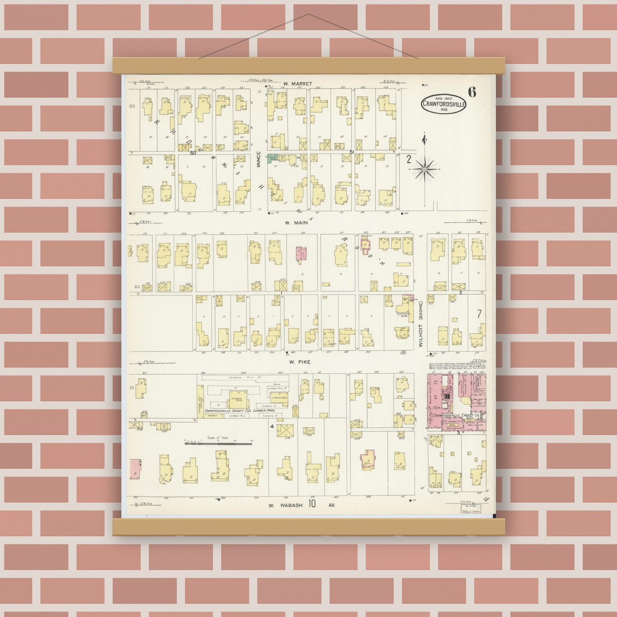 Old map wall art mockup — magnetic wood frame on brick wall — Sanborn Fire Insurance Map from Crawfordsville, Montgomery County, Indiana (1907), Sheet #0006
