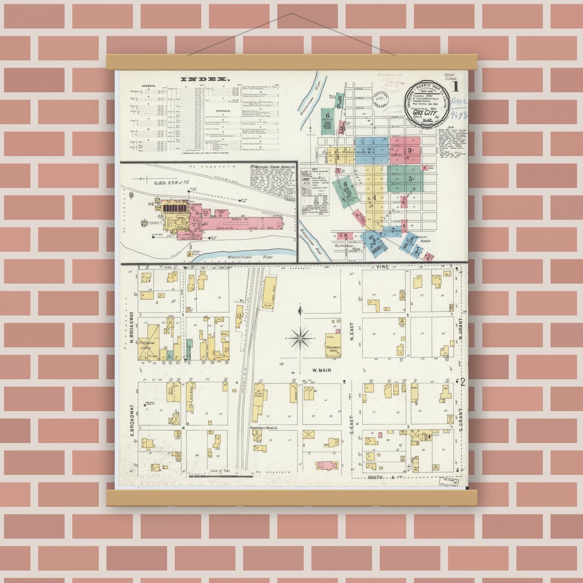 Old map wall art mockup — magnetic wood frame on brick wall — Sanborn Fire Insurance Map from Gas City, Grant County, Indiana (1898) - Complete Map Set