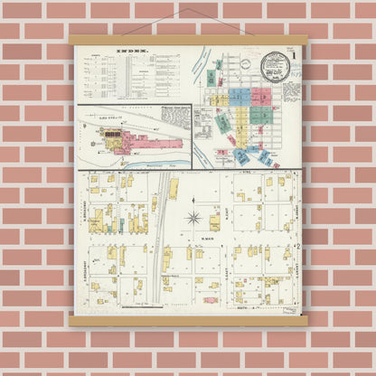 Old map wall art mockup — magnetic wood frame on brick wall — Sanborn Fire Insurance Map from Gas City, Grant County, Indiana (1898) - Complete Map Set