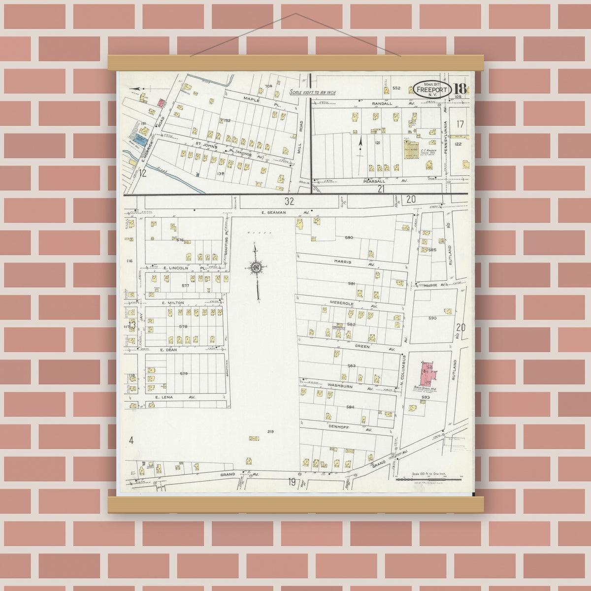 Old map wall art mockup — magnetic wood frame on brick wall — Sanborn Fire Insurance Map from Freeport, Nassau County, New York (1917), Sheet #0018