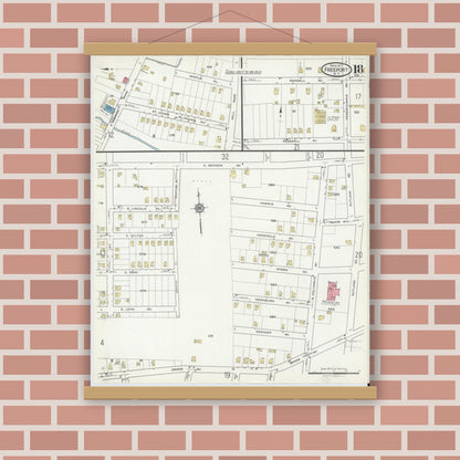 Old map wall art mockup — magnetic wood frame on brick wall — Sanborn Fire Insurance Map from Freeport, Nassau County, New York (1917), Sheet #0018