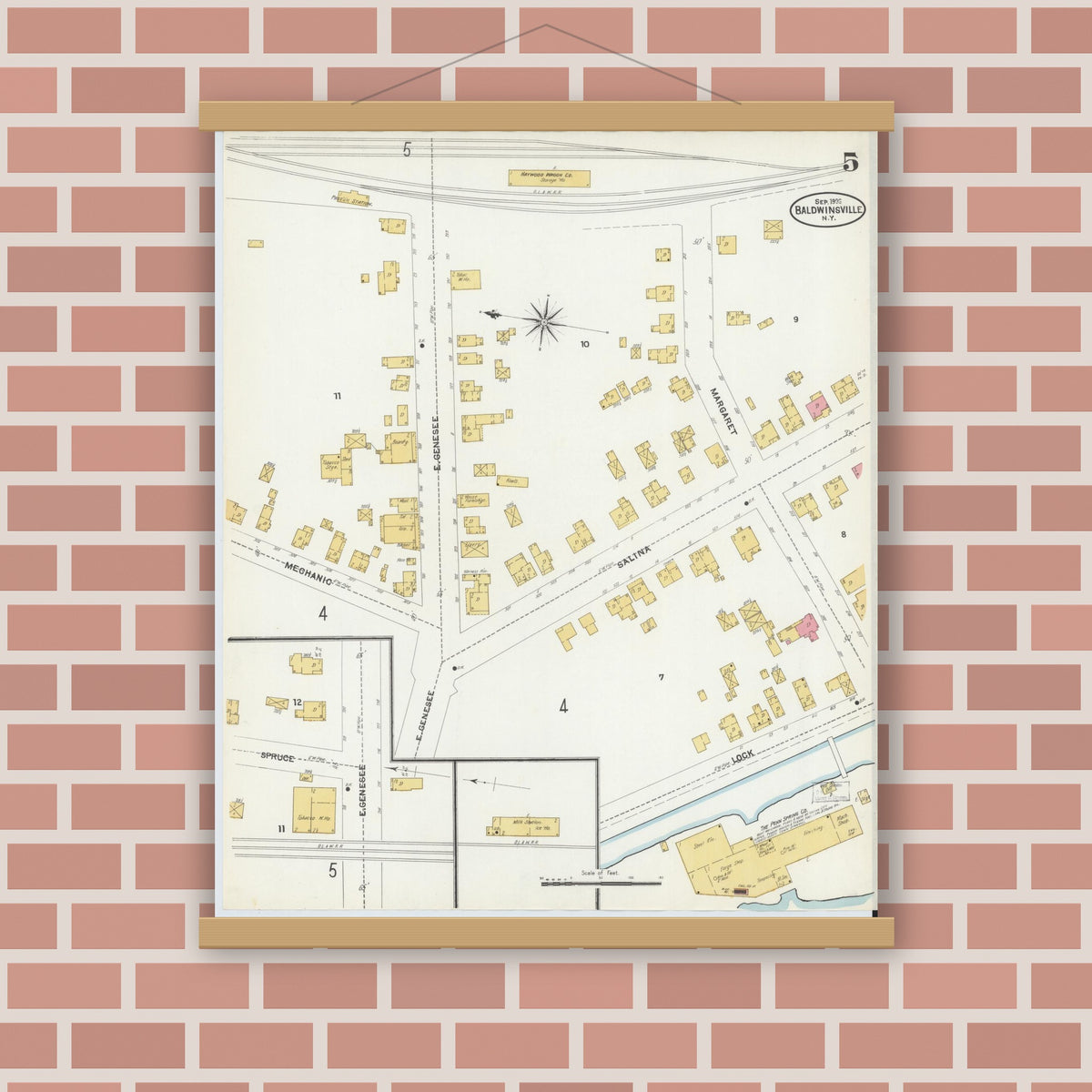 Old map wall art mockup — magnetic wood frame on brick wall — Sanborn Fire Insurance Map from Baldwinsville, Onondaga County, New York (1906), Sheet #0005