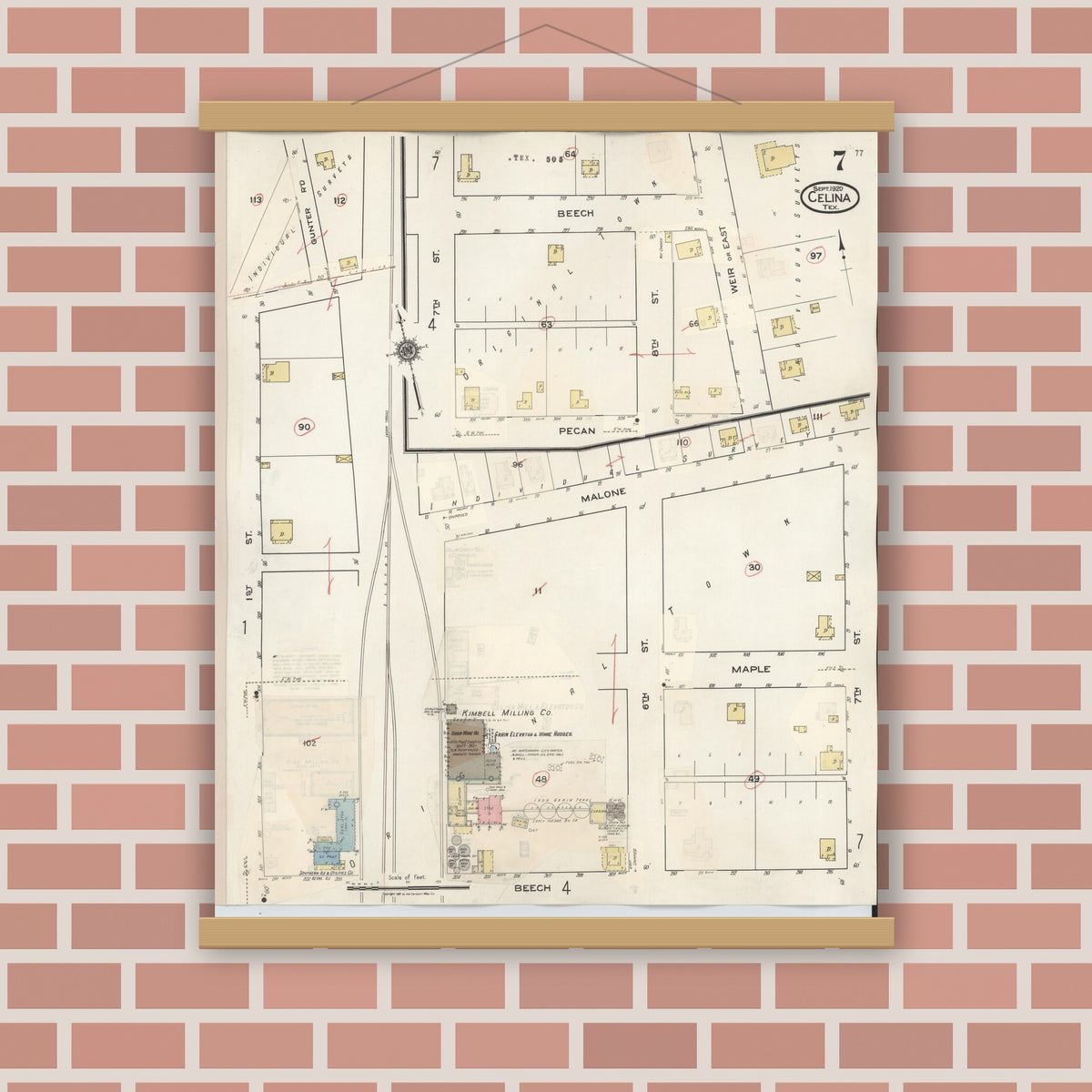 Old map wall art mockup — magnetic wood frame on brick wall — Sanborn Fire Insurance Map from Celina, Collin County, Texas (1944), Sheet #0007