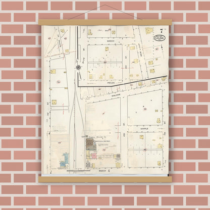 Old map wall art mockup — magnetic wood frame on brick wall — Sanborn Fire Insurance Map from Celina, Collin County, Texas (1944), Sheet #0007
