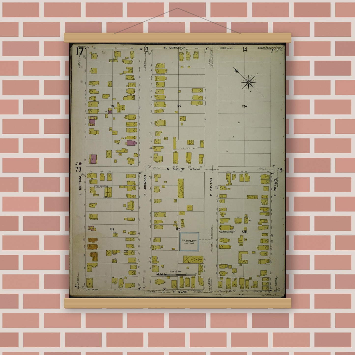 Old map wall art mockup — magnetic wood frame on brick wall — Sanborn Fire Insurance Map from Madison, Dane County, Wisconsin (1908), Sheet #0017