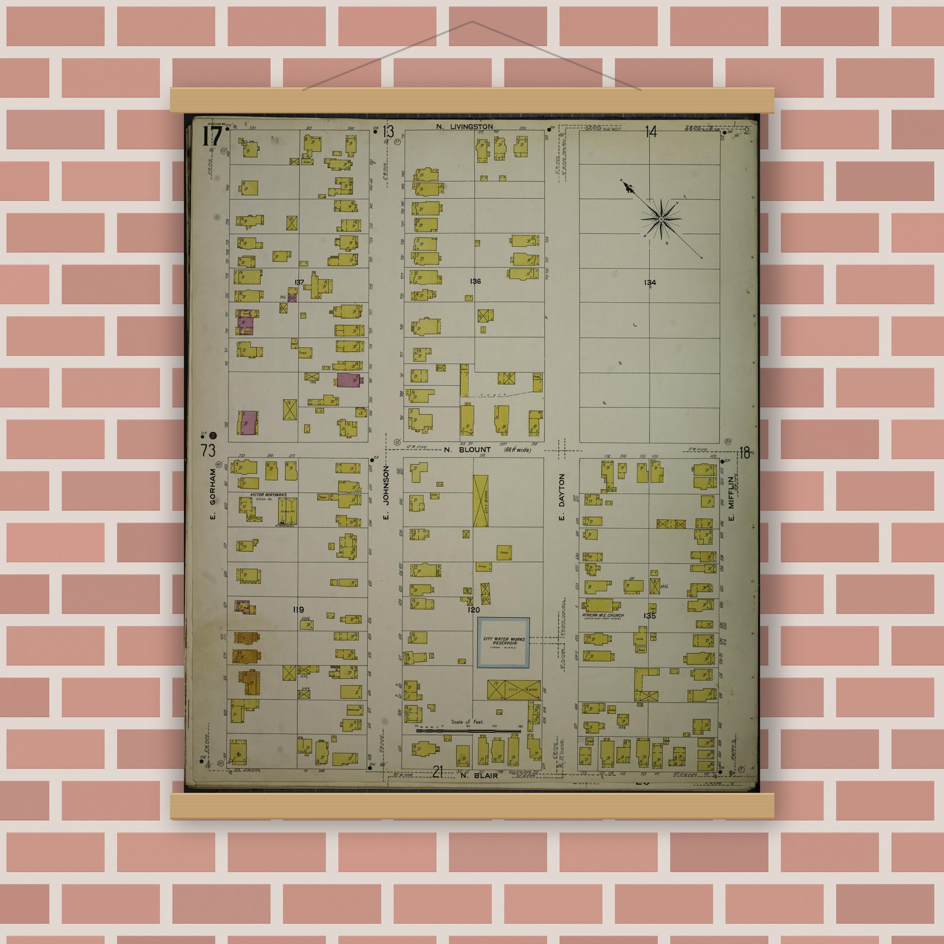 Old map wall art mockup — magnetic wood frame on brick wall — Sanborn Fire Insurance Map from Madison, Dane County, Wisconsin (1908), Sheet #0017