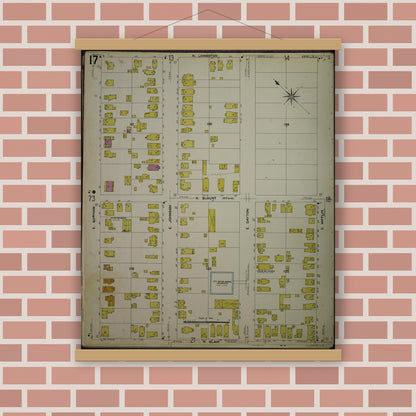 Old map wall art mockup — magnetic wood frame on brick wall — Sanborn Fire Insurance Map from Madison, Dane County, Wisconsin (1908), Sheet #0017