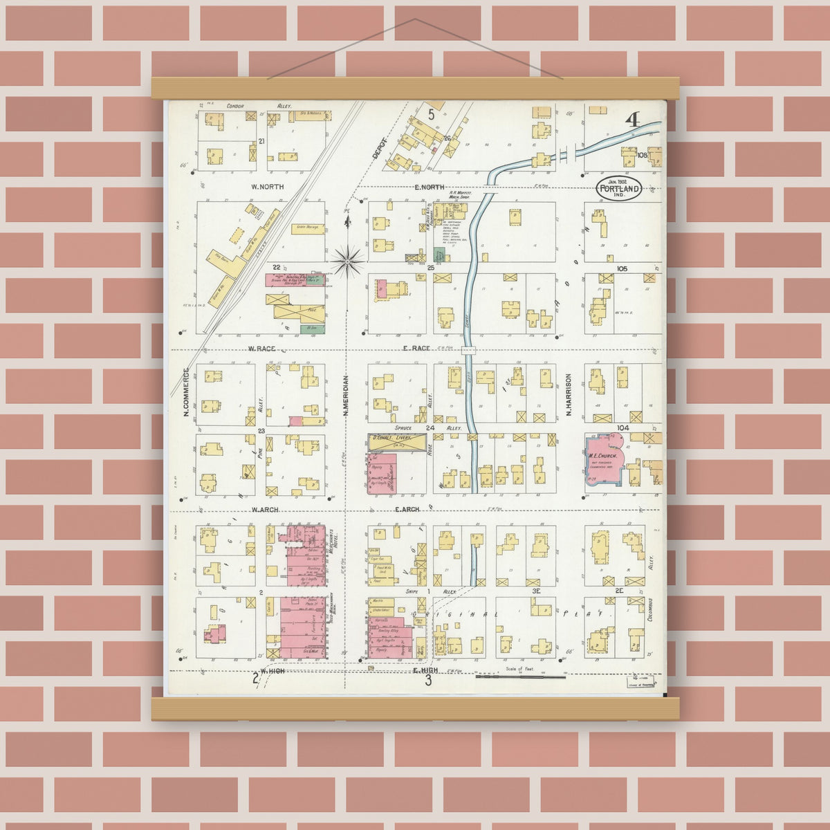Old map wall art mockup — magnetic wood frame on brick wall — Sanborn Fire Insurance Map from Portland, Jay County, Indiana (1902), Sheet #0004