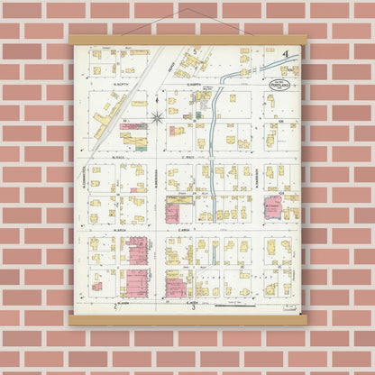 Old map wall art mockup — magnetic wood frame on brick wall — Sanborn Fire Insurance Map from Portland, Jay County, Indiana (1902), Sheet #0004