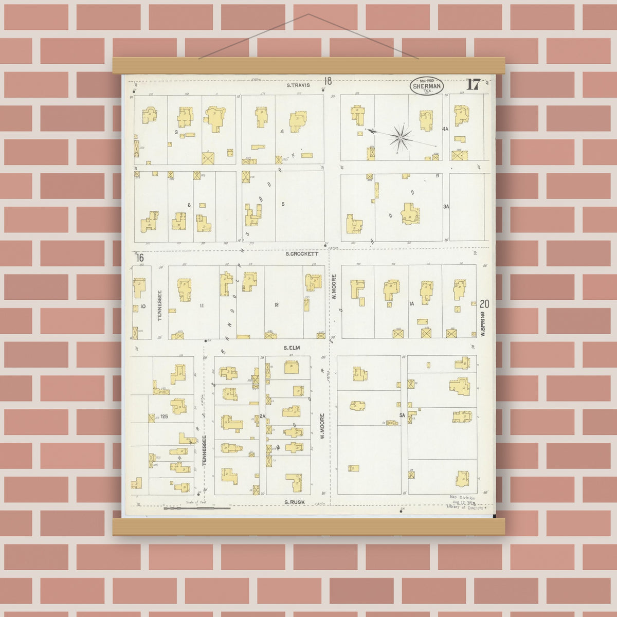 Old map wall art mockup — magnetic wood frame on brick wall — Sanborn Fire Insurance Map from Sherman, Grayson County, Texas (1902), Sheet #0017