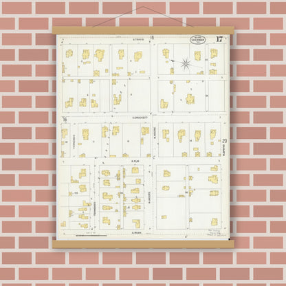Old map wall art mockup — magnetic wood frame on brick wall — Sanborn Fire Insurance Map from Sherman, Grayson County, Texas (1902), Sheet #0017