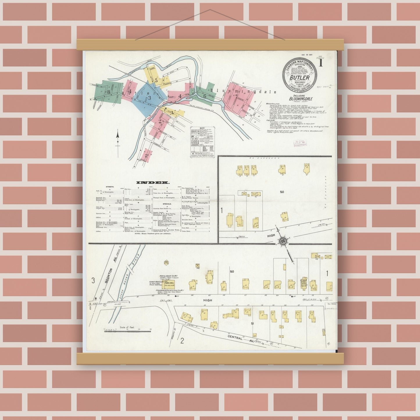 Old map wall art mockup — magnetic wood frame on brick wall — Sanborn Fire Insurance Map from Butler, Morris County, New Jersey (1911), Sheet #0001