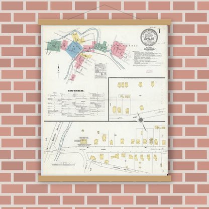 Old map wall art mockup — magnetic wood frame on brick wall — Sanborn Fire Insurance Map from Butler, Morris County, New Jersey (1911), Sheet #0001