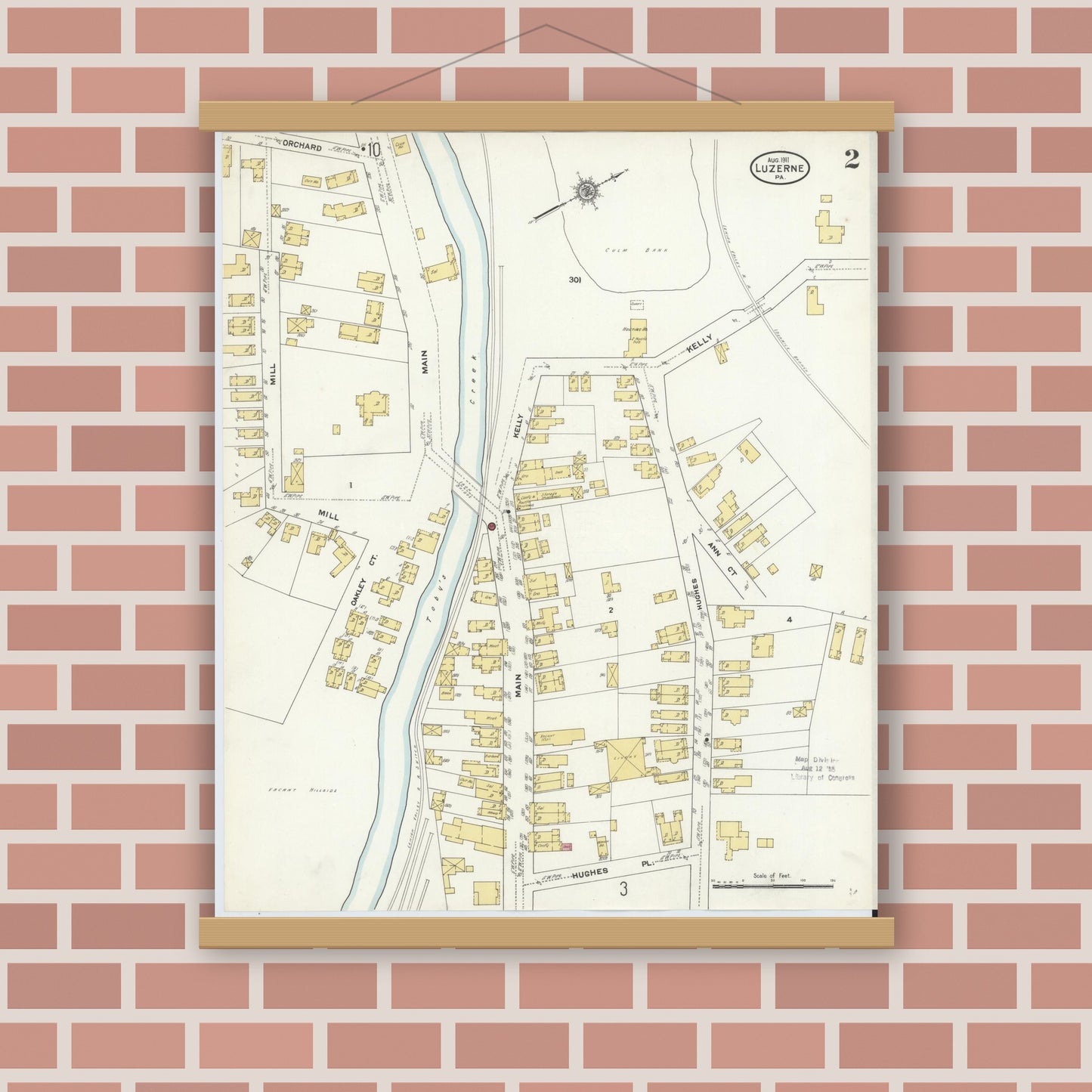 Old map wall art mockup — magnetic wood frame on brick wall — Sanborn Fire Insurance Map from Luzerne, Luzerne County, Pennsylvania (1911), Sheet #0002
