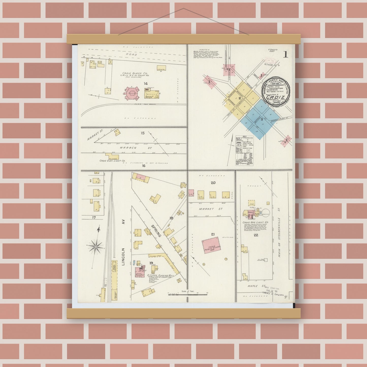 Old map wall art mockup — magnetic wood frame on brick wall — Sanborn Fire Insurance Map from Cadiz, Harrison County, Ohio (1892) - Complete Map Set