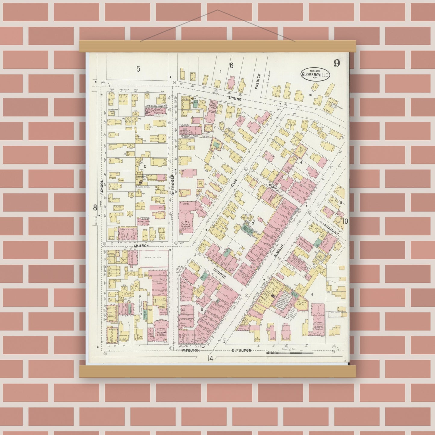 Old map wall art mockup — magnetic wood frame on brick wall — Sanborn Fire Insurance Map from Gloversville, Fulton County, New York (1897), Sheet #0009
