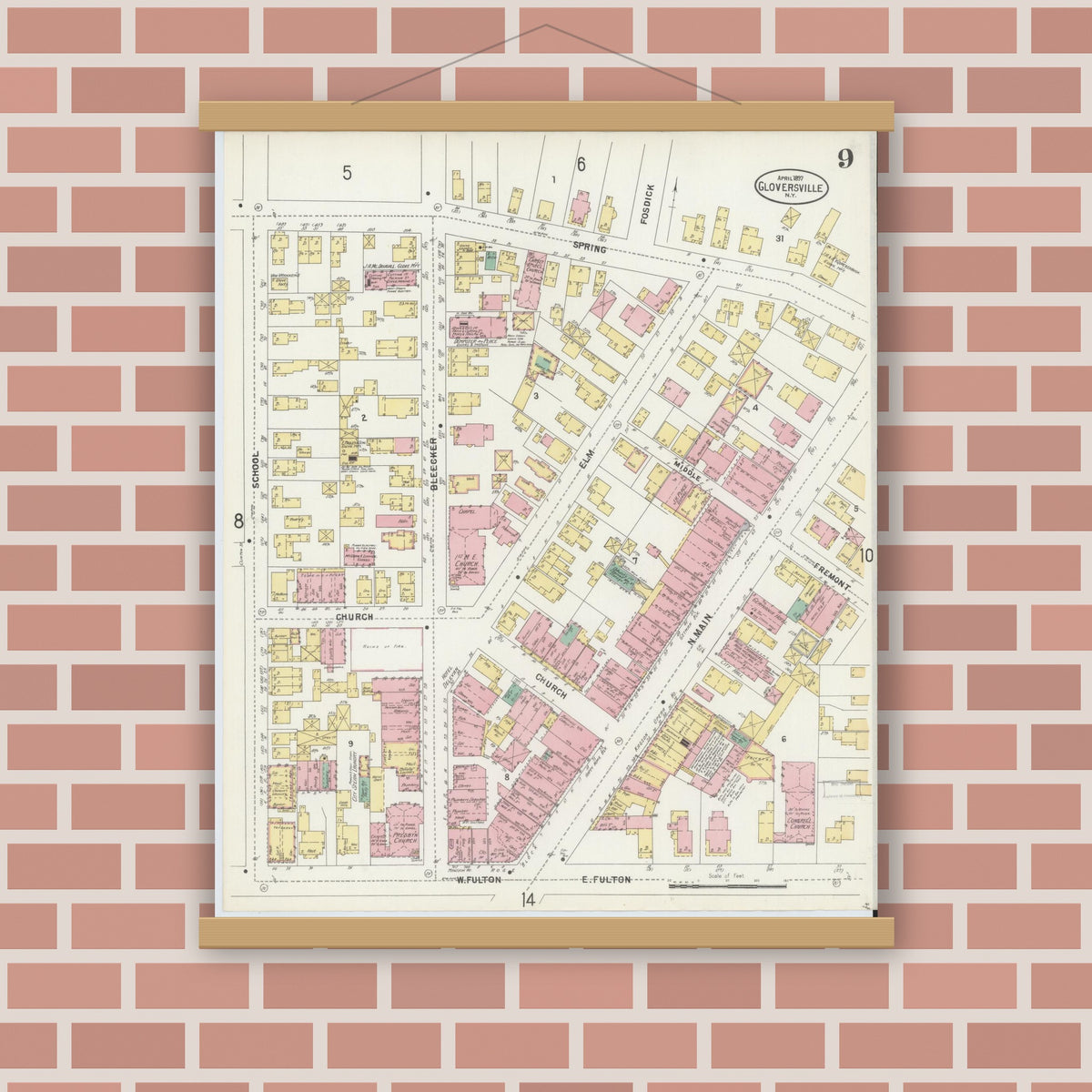 Old map wall art mockup — magnetic wood frame on brick wall — Sanborn Fire Insurance Map from Gloversville, Fulton County, New York (1897), Sheet #0009