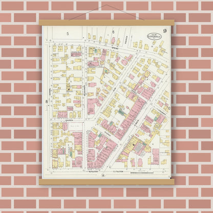 Old map wall art mockup — magnetic wood frame on brick wall — Sanborn Fire Insurance Map from Gloversville, Fulton County, New York (1897), Sheet #0009