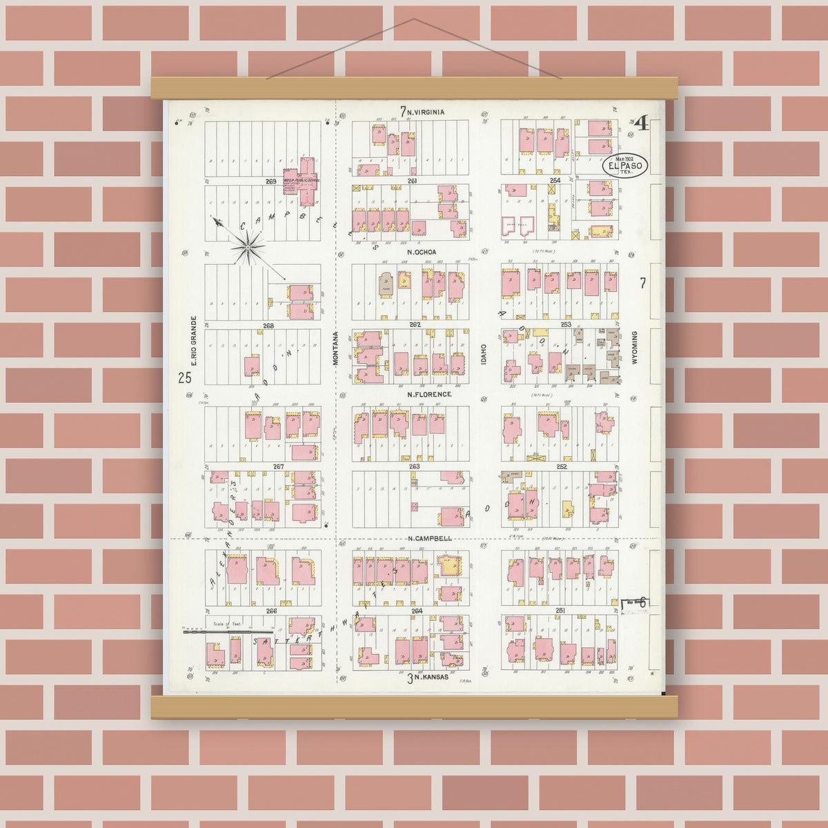 Old map wall art mockup — magnetic wood frame on brick wall — Sanborn Fire Insurance Map from El Paso, El Paso County, Texas (1902), Sheet #0004