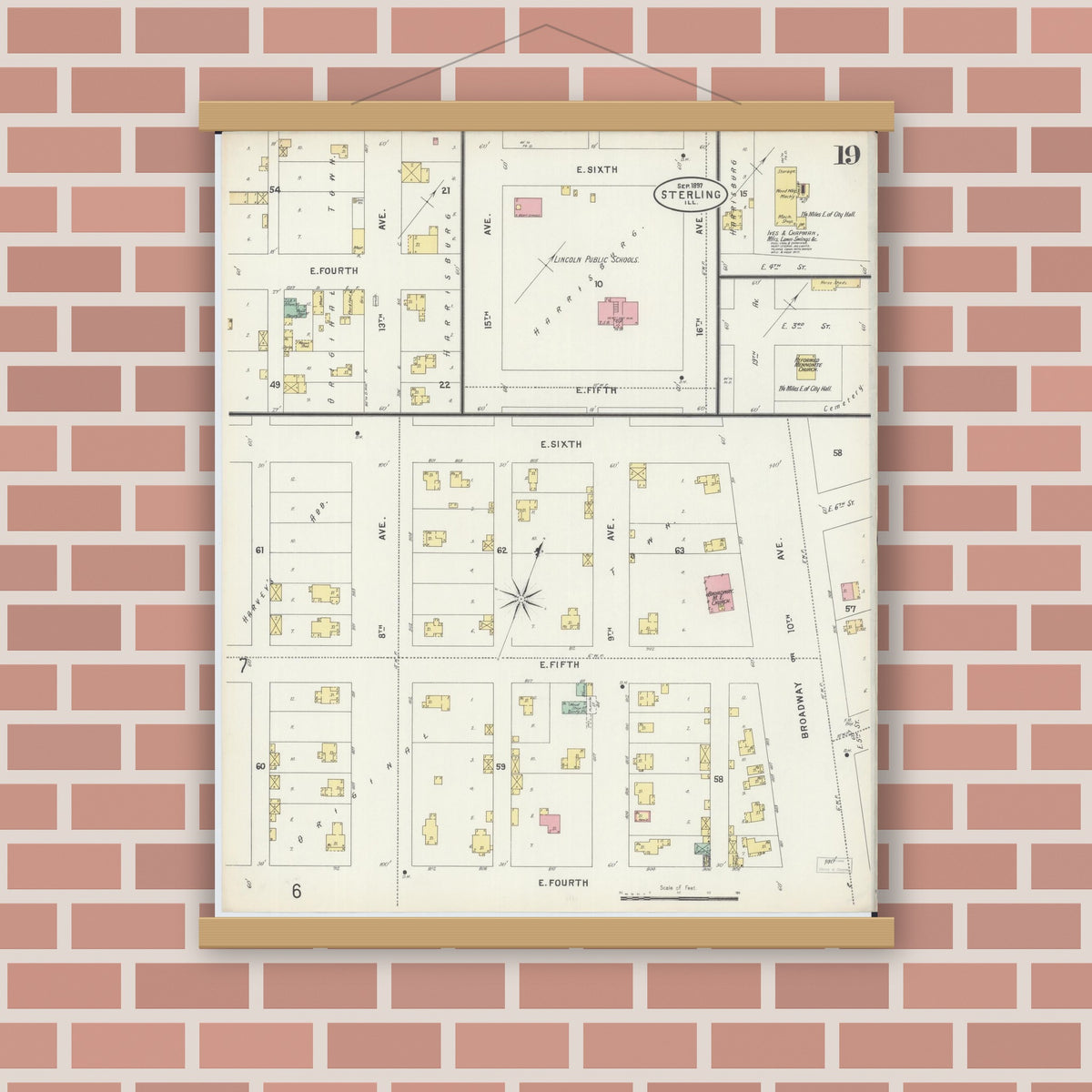 Old map wall art mockup — magnetic wood frame on brick wall — Sanborn Fire Insurance Map from Sterling, Whiteside County, Illinois (1897), Sheet #0019