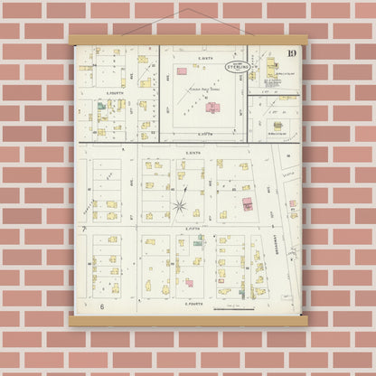 Old map wall art mockup — magnetic wood frame on brick wall — Sanborn Fire Insurance Map from Sterling, Whiteside County, Illinois (1897), Sheet #0019