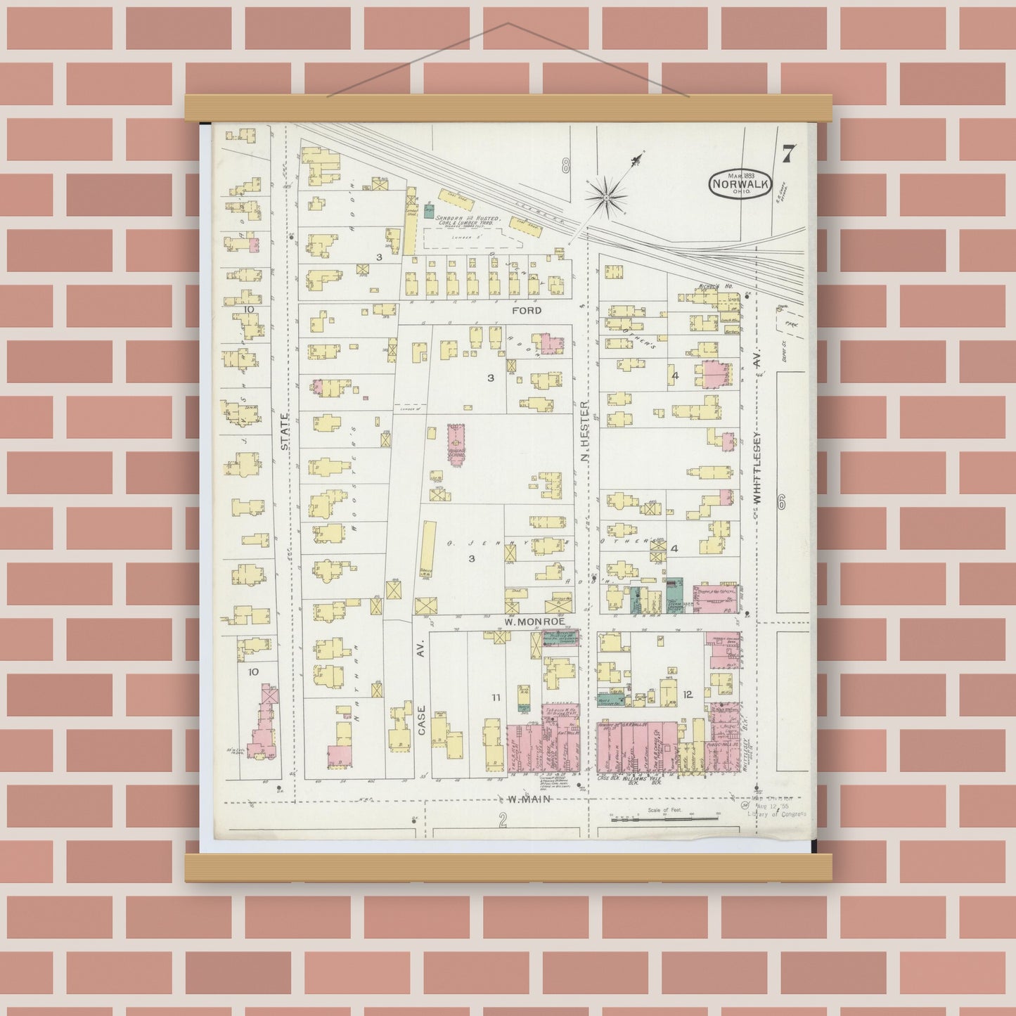 Old map wall art mockup — magnetic wood frame on brick wall — Sanborn Fire Insurance Map from Norwalk, Huron County, Ohio (1893), Sheet #0007