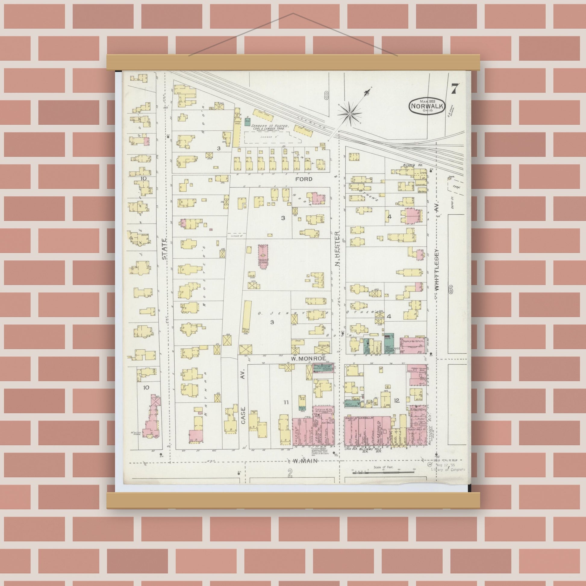 Old map wall art mockup — magnetic wood frame on brick wall — Sanborn Fire Insurance Map from Norwalk, Huron County, Ohio (1893), Sheet #0007