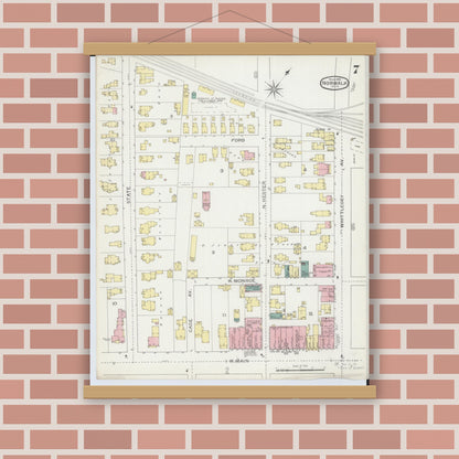 Old map wall art mockup — magnetic wood frame on brick wall — Sanborn Fire Insurance Map from Norwalk, Huron County, Ohio (1893), Sheet #0007