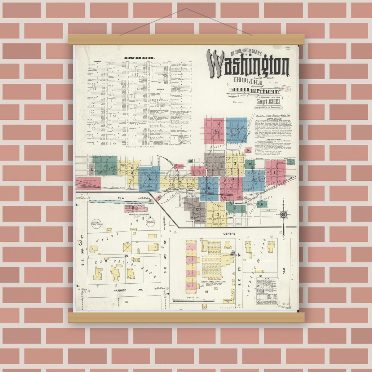 Old map wall art mockup — magnetic wood frame on brick wall — Sanborn Fire Insurance Map from Washington, Daviess County, Indiana (1909) - Complete Map Set