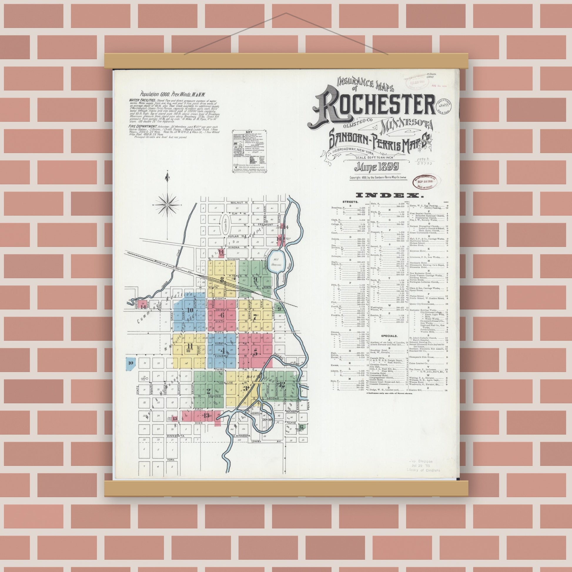 Old map wall art mockup — magnetic wood frame on brick wall — Sanborn Fire Insurance Map from Rochester, Olmsted County, Minnesota (1899) - Complete Map Set