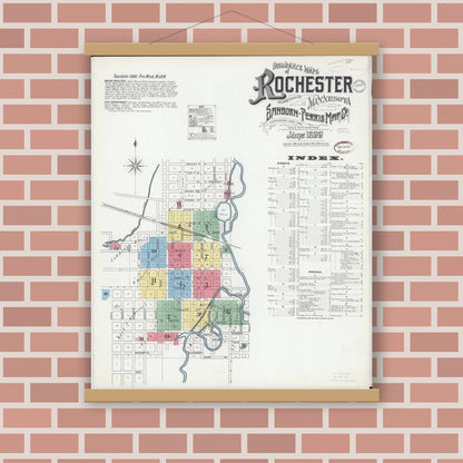 Old map wall art mockup — magnetic wood frame on brick wall — Sanborn Fire Insurance Map from Rochester, Olmsted County, Minnesota (1899) - Complete Map Set