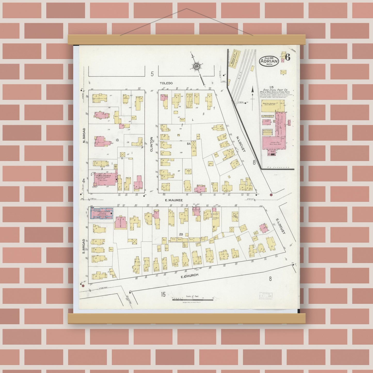 Old map wall art mockup — magnetic wood frame on brick wall — Sanborn Fire Insurance Map from Adrian, Lenawee County, Michigan (1916), Sheet #0006