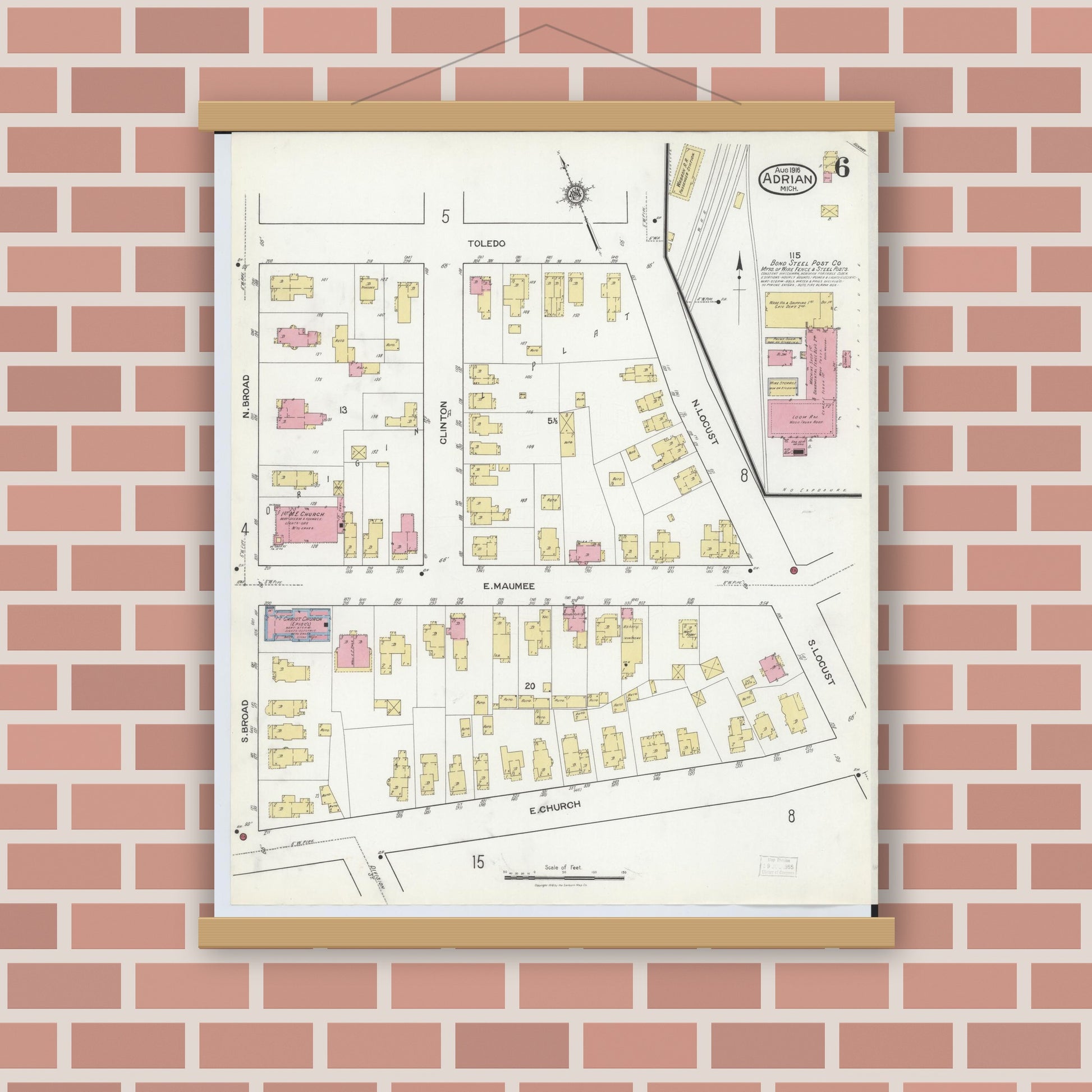 Old map wall art mockup — magnetic wood frame on brick wall — Sanborn Fire Insurance Map from Adrian, Lenawee County, Michigan (1916), Sheet #0006