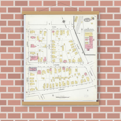 Old map wall art mockup — magnetic wood frame on brick wall — Sanborn Fire Insurance Map from Adrian, Lenawee County, Michigan (1916), Sheet #0006