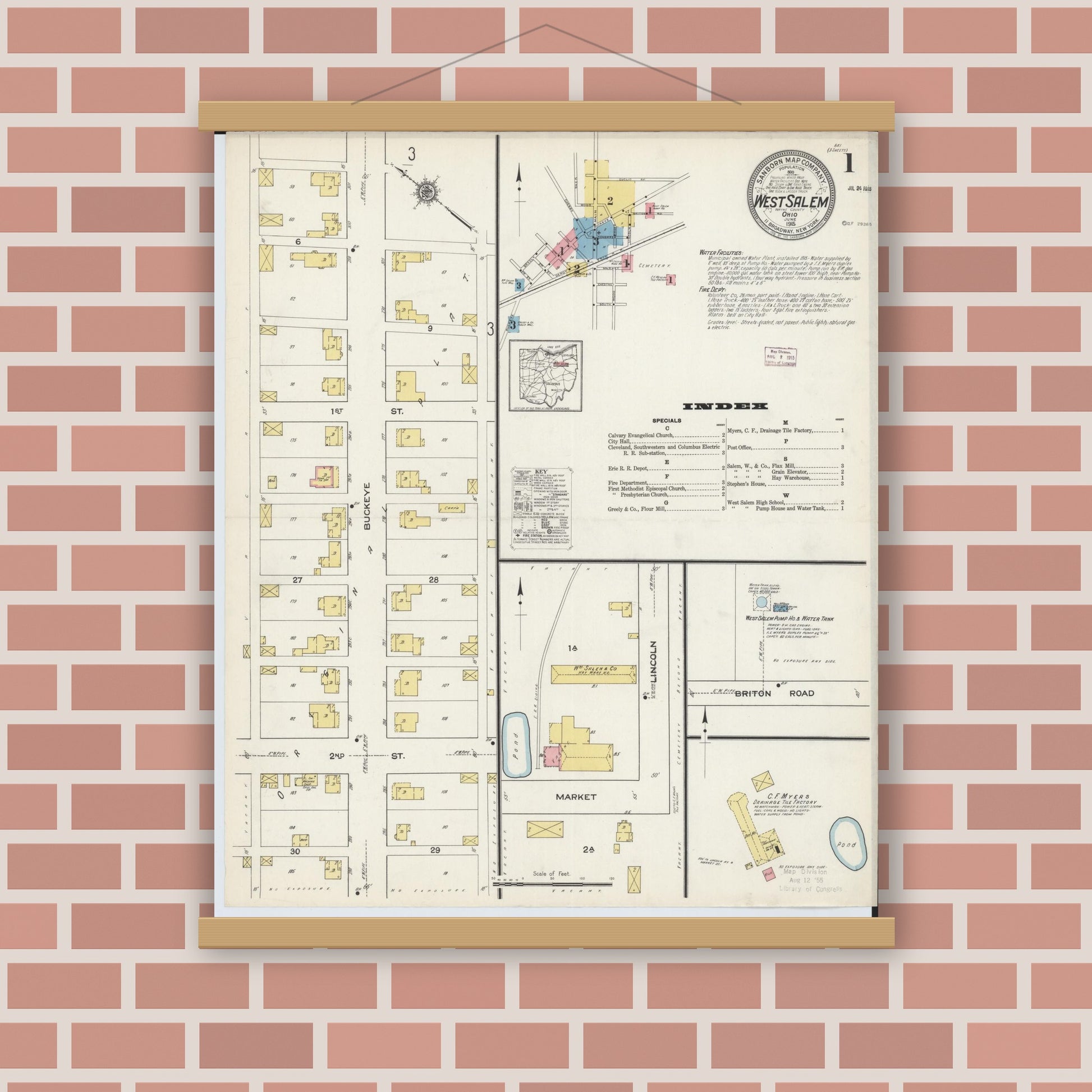 Old map wall art mockup — magnetic wood frame on brick wall — Sanborn Fire Insurance Map from West Salem, Wayne County, Ohio (1915), Sheet #0001