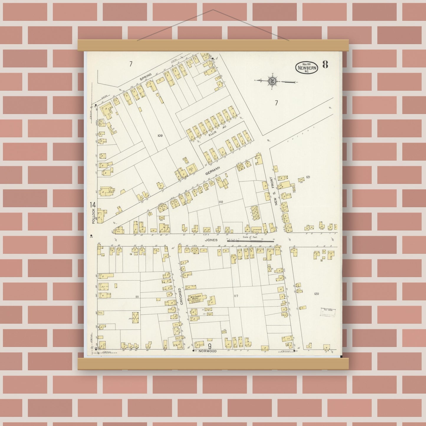 Old map wall art mockup — magnetic wood frame on brick wall — Sanborn Fire Insurance Map from New Bern, Craven County, North Carolina (1913), Sheet #0008