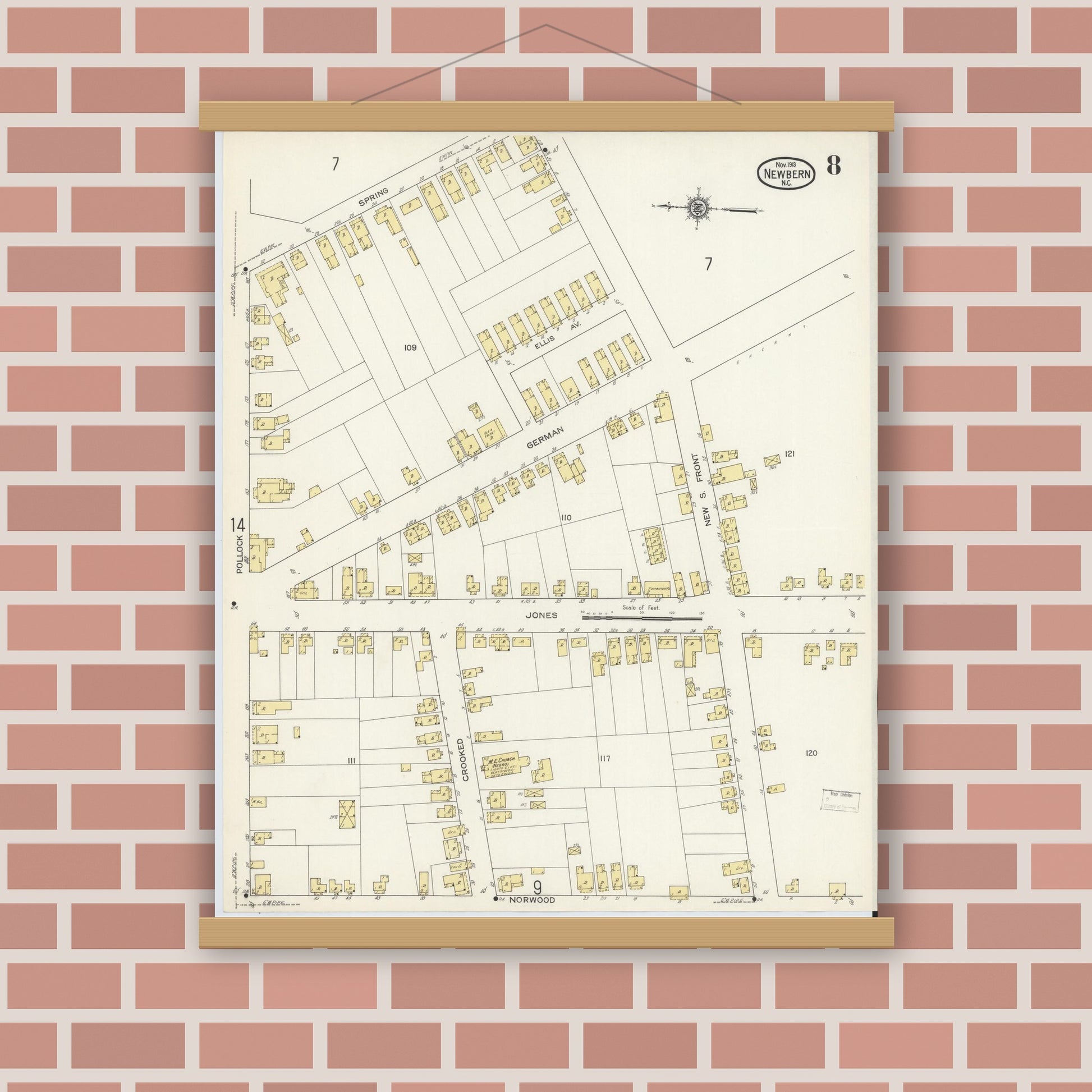 Old map wall art mockup — magnetic wood frame on brick wall — Sanborn Fire Insurance Map from New Bern, Craven County, North Carolina (1913), Sheet #0008