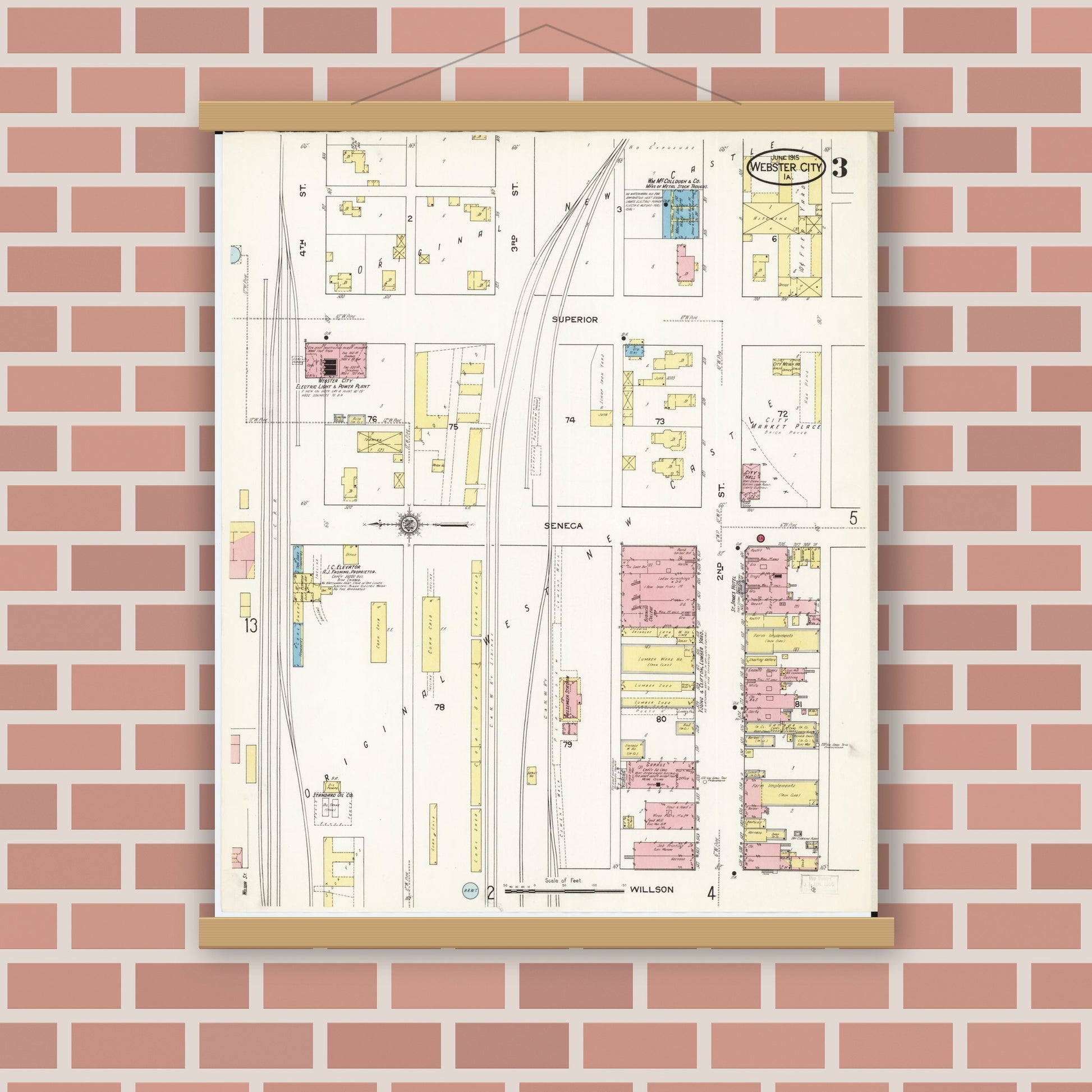 Old map wall art mockup — magnetic wood frame on brick wall — Sanborn Fire Insurance Map from Webster City, Hamilton County, Iowa (1915), Sheet #0003