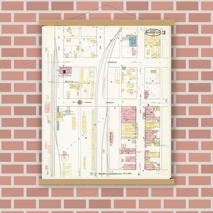 Old map wall art mockup — magnetic wood frame on brick wall — Sanborn Fire Insurance Map from Webster City, Hamilton County, Iowa (1915), Sheet #0003