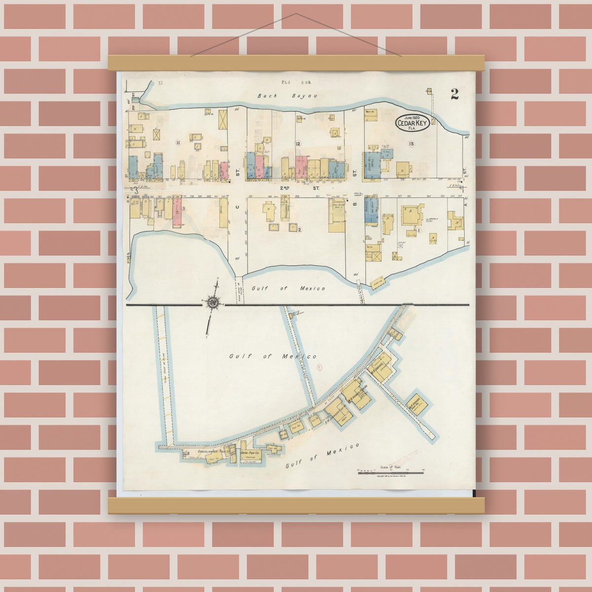 Old map wall art mockup — magnetic wood frame on brick wall — Sanborn Fire Insurance Map from Cedar Key, Levy County, Florida (1933), Sheet #0002