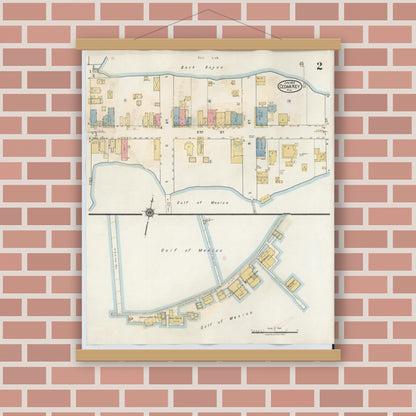 Old map wall art mockup — magnetic wood frame on brick wall — Sanborn Fire Insurance Map from Cedar Key, Levy County, Florida (1933), Sheet #0002